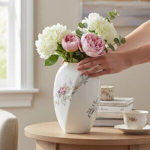 Vintage Christopher Stuart Spring Crest Vase, white porcelain, multicolor floral